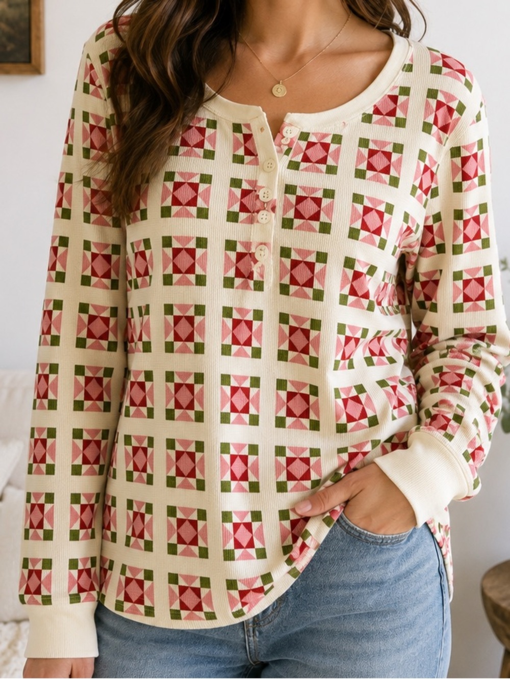 Hanna Andersson Organic Cotton Waffle Henley Pajama Top Quilt Print Large
